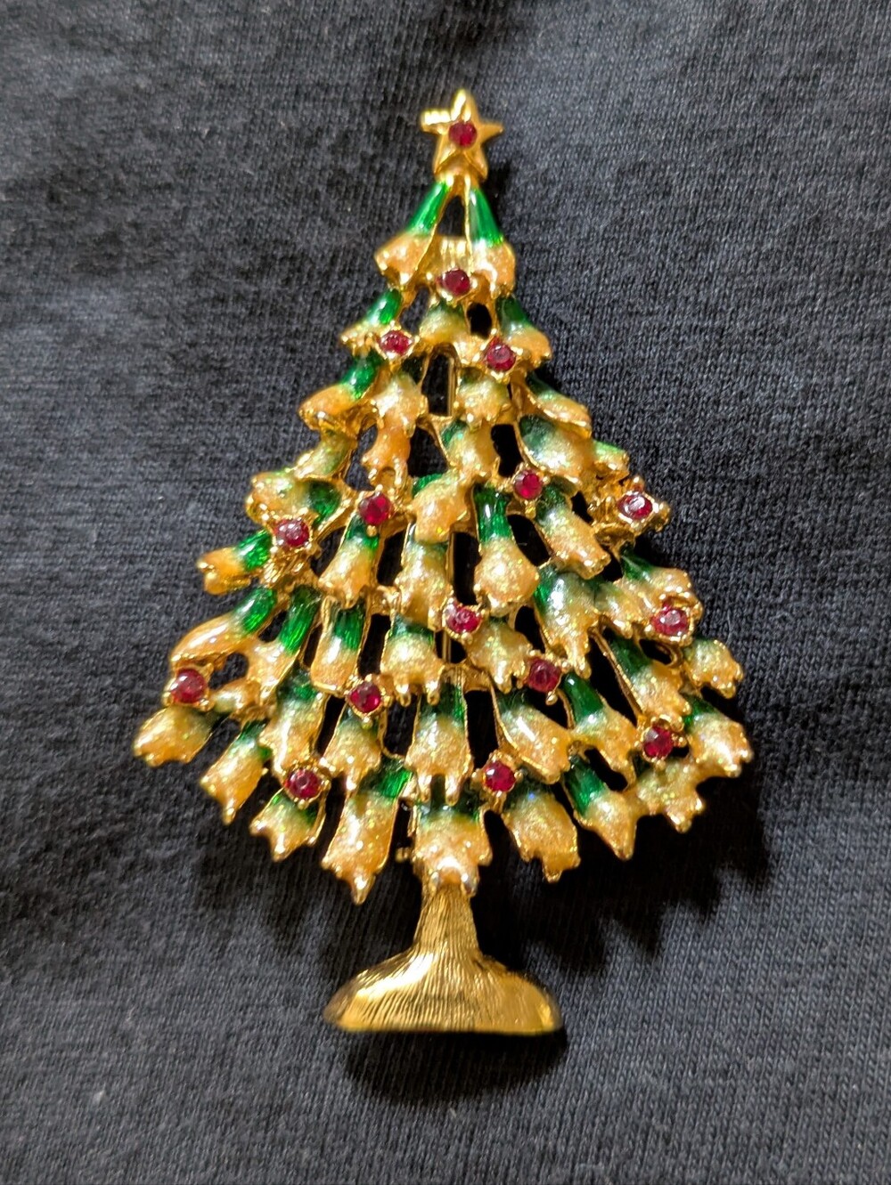 Gold-Tone Green & Red Christmas Tree Brooch Pin - Unbranded